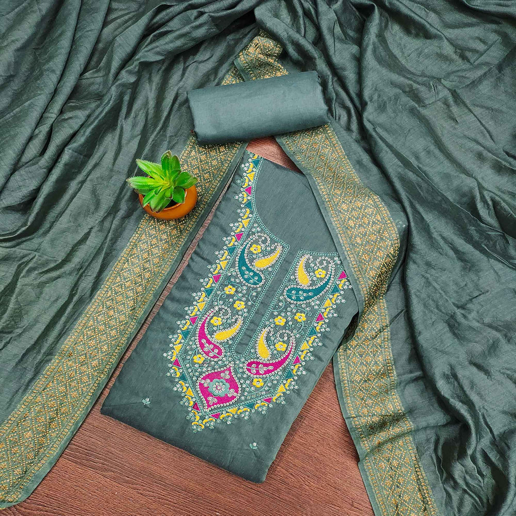 Green Floral Sequins Embroidered Cotton Silk Dress Material