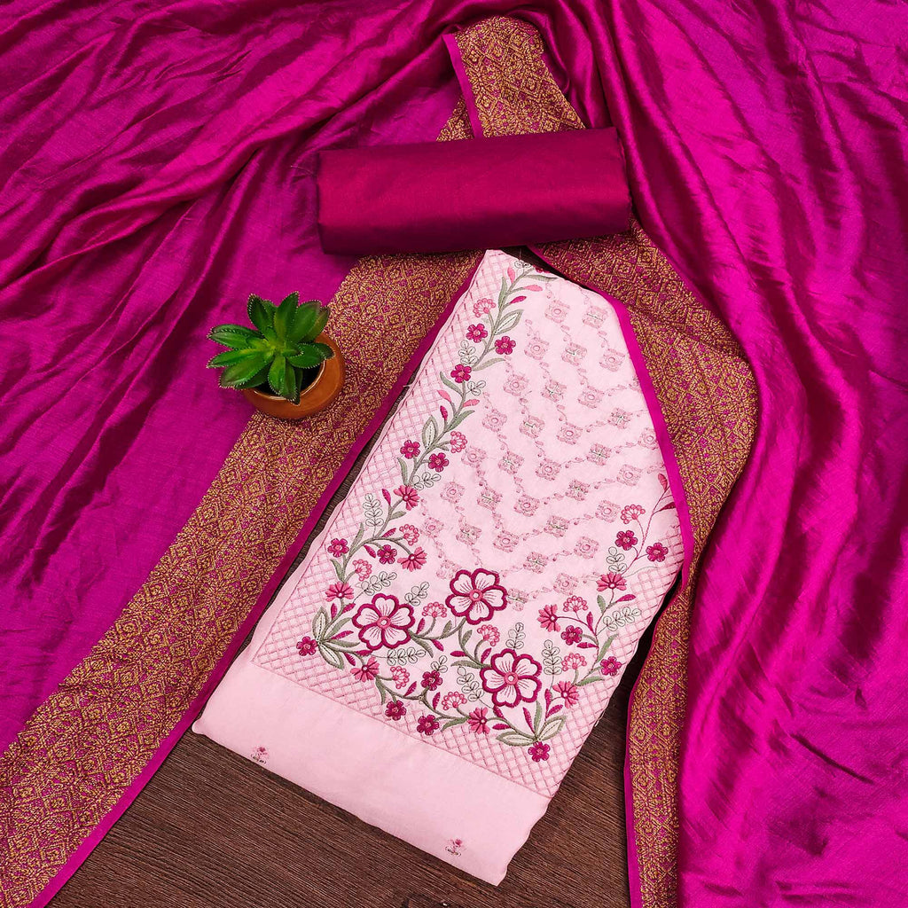 Light Pink Floral Sequins Embroidered Cotton Silk Dress Material