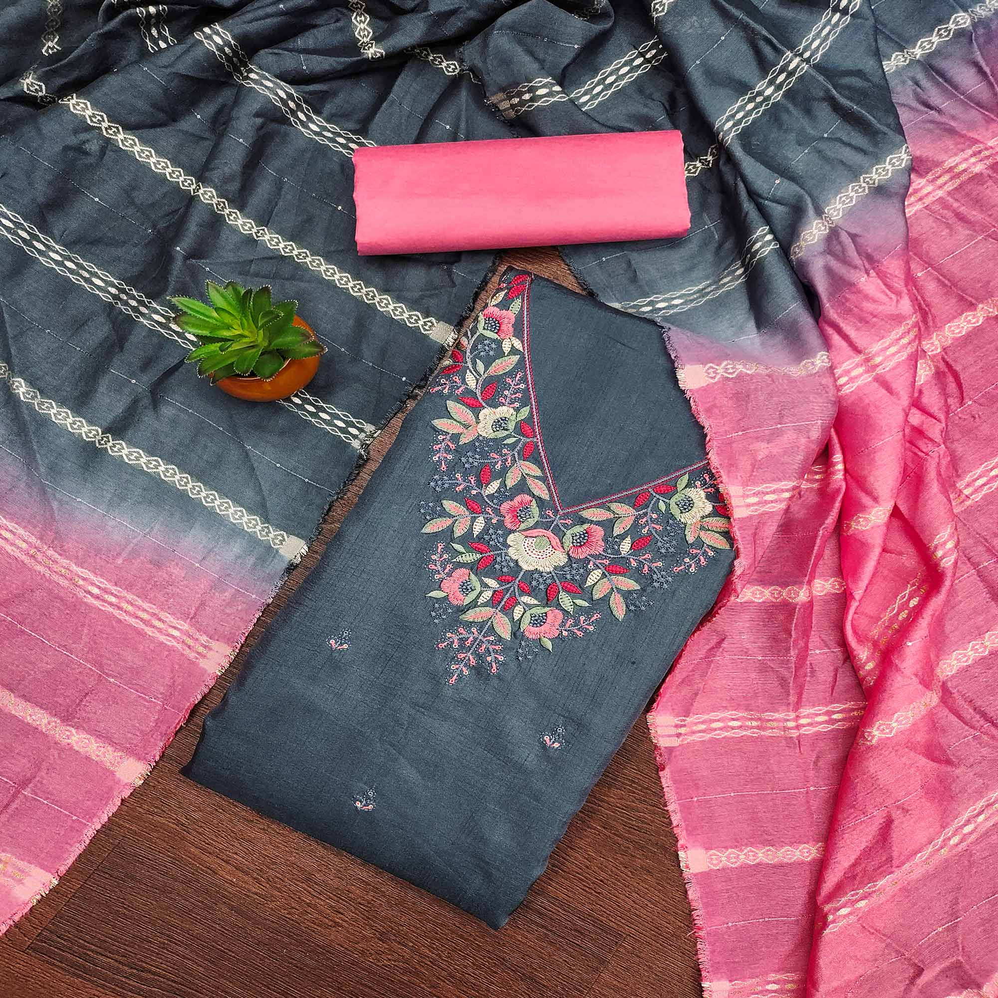 Grey Floral Sequins Embroidered Cotton Silk Dress Material