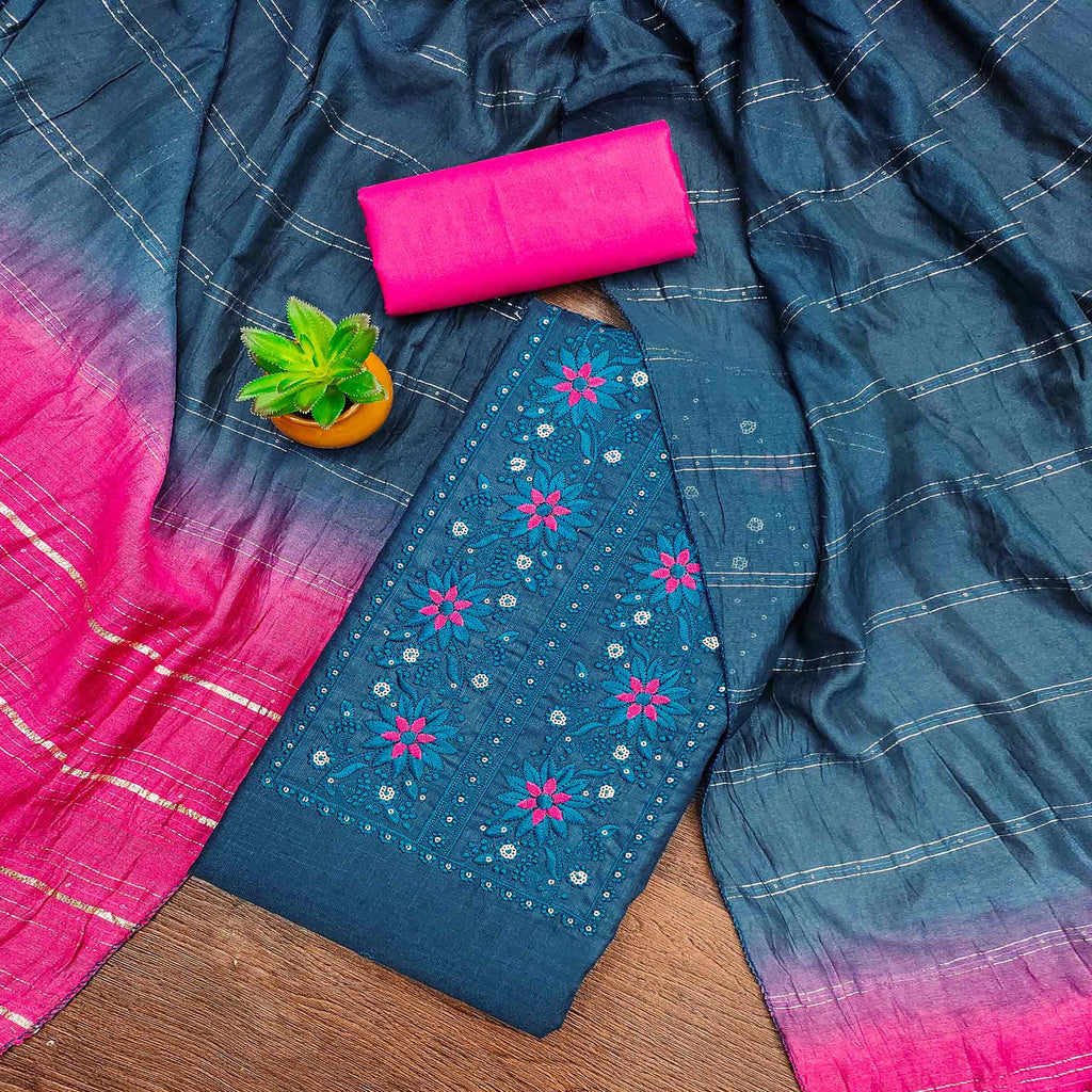 Blue Floral Sequins Embroidered Slub Cotton Dress Material