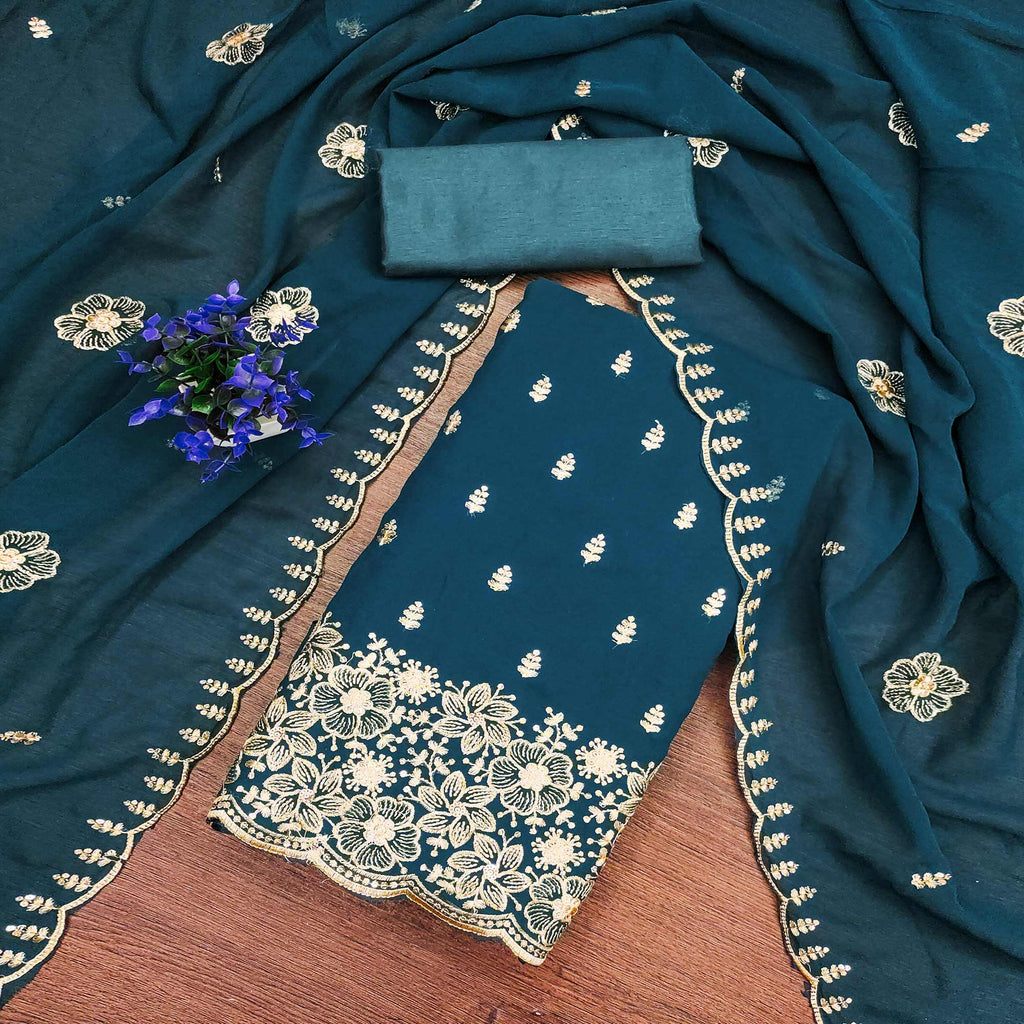 Blue Floral Sequins Embroidered Georgette Dress Material