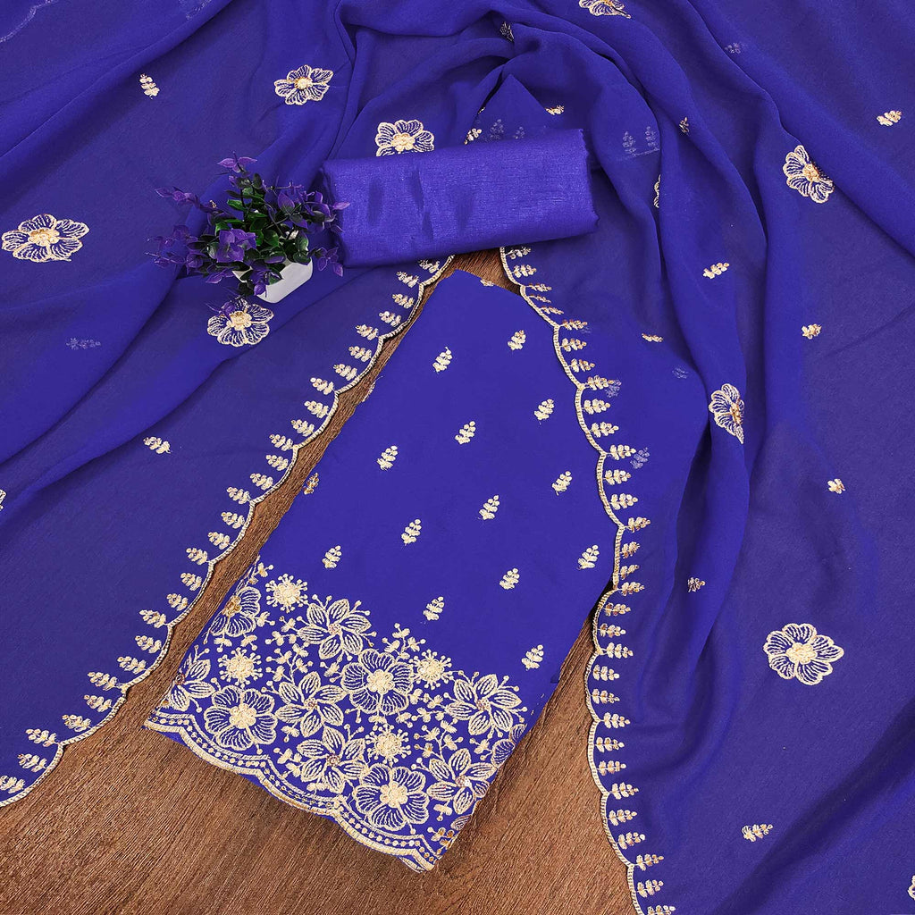 Majorelle Blue Floral Sequins Embroidered Georgette Dress Material