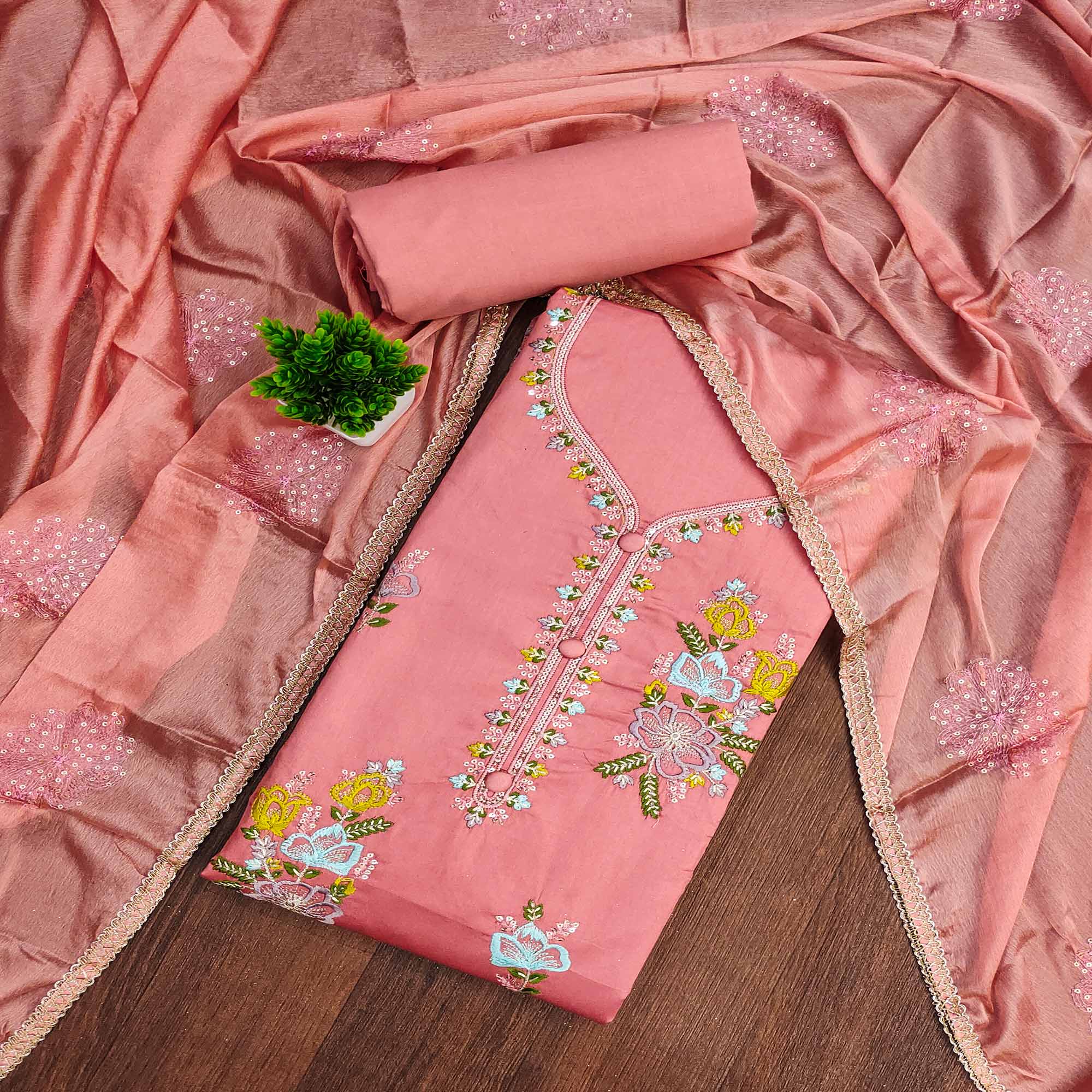 Breathable Pure Cotton Dress Material in Peach with Floral Designs