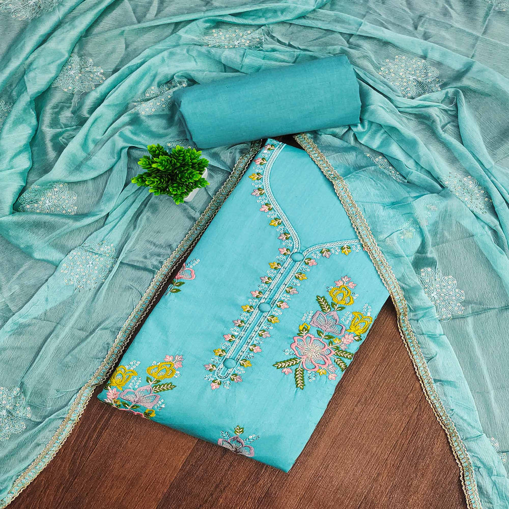 Breathable Pure Cotton Dress Material in Turquoise with Floral Designs