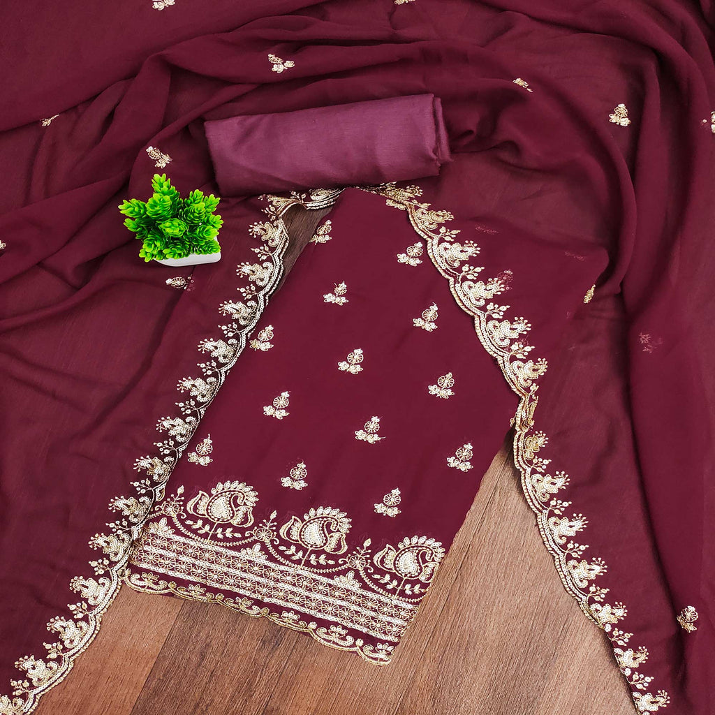 Maroon Georgette Dress Material with Sparkling Sequin Embroidery