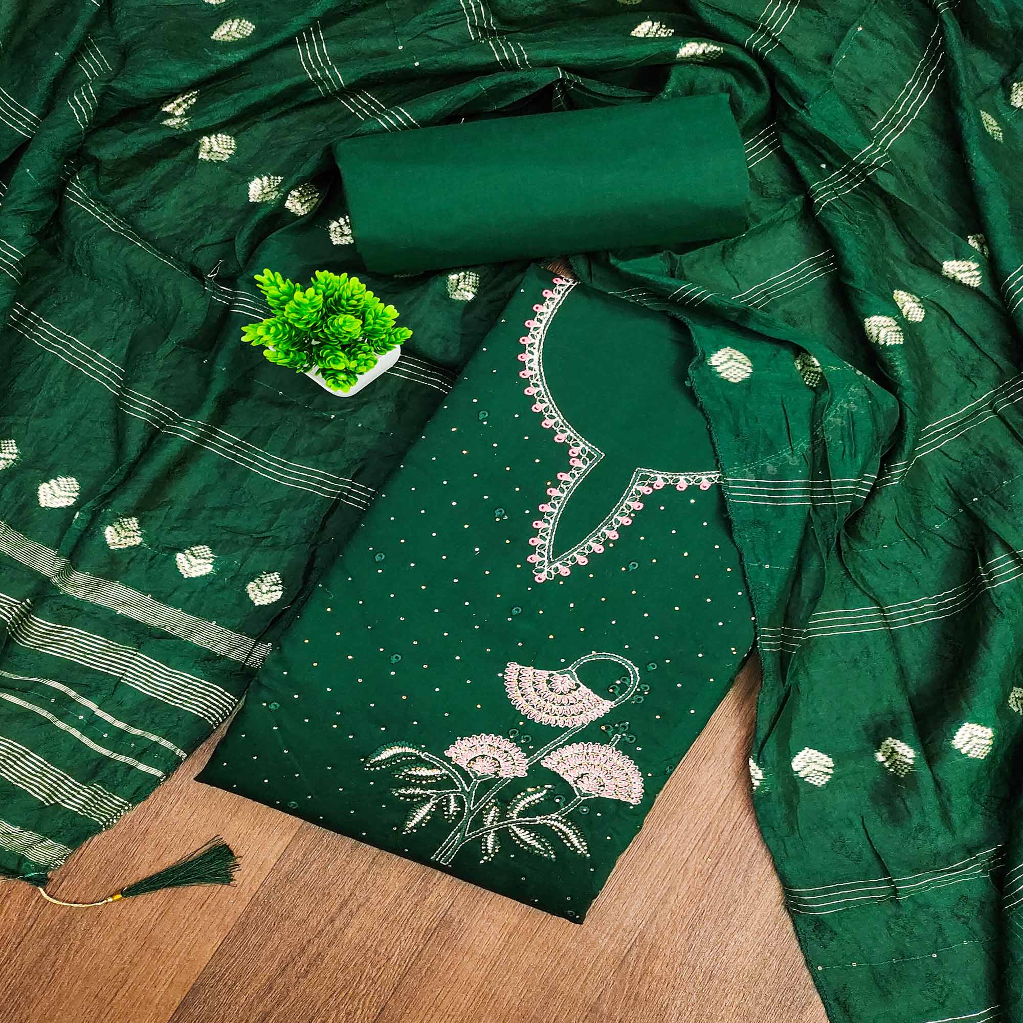 Green Dress Material in Cotton Blend with Delicate Embroidery Work