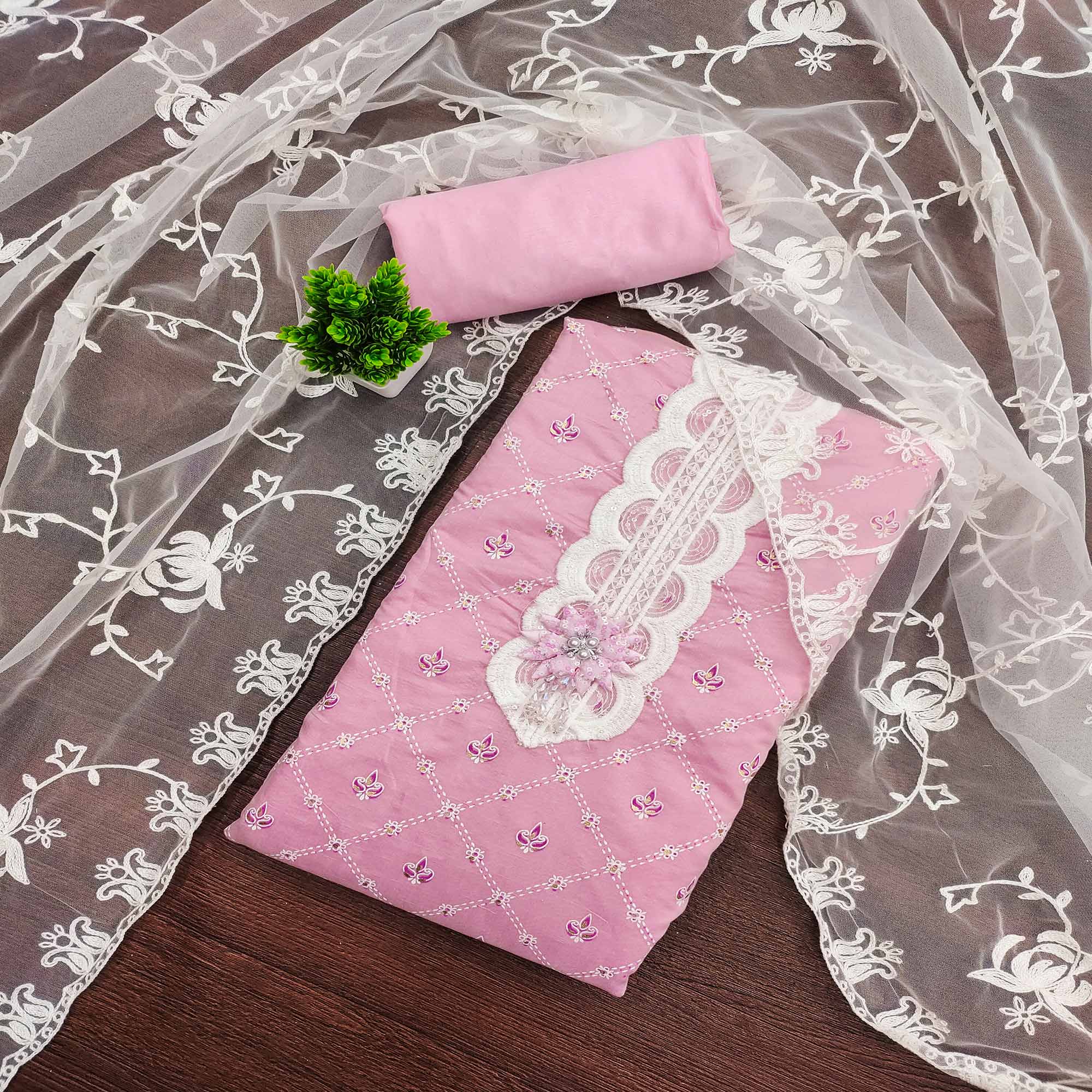 Pink Unstitched Dress Material Featuring Fine Floral Embroidery on Chanderi Silk