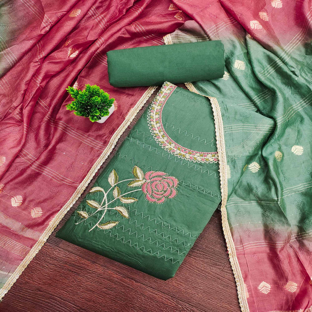 Green Suit Material in Cotton Blend with Beautifully Embroidered Floral Patterns