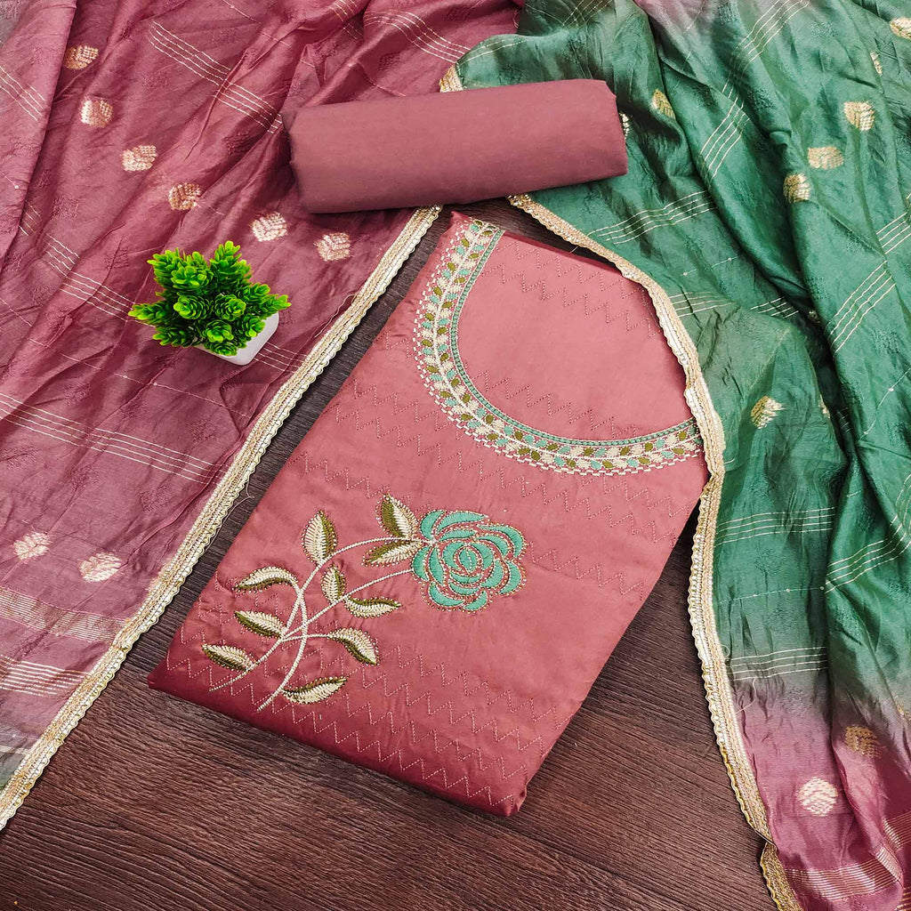 Peach Suit Material in Cotton Blend with Beautifully Embroidered Floral Patterns
