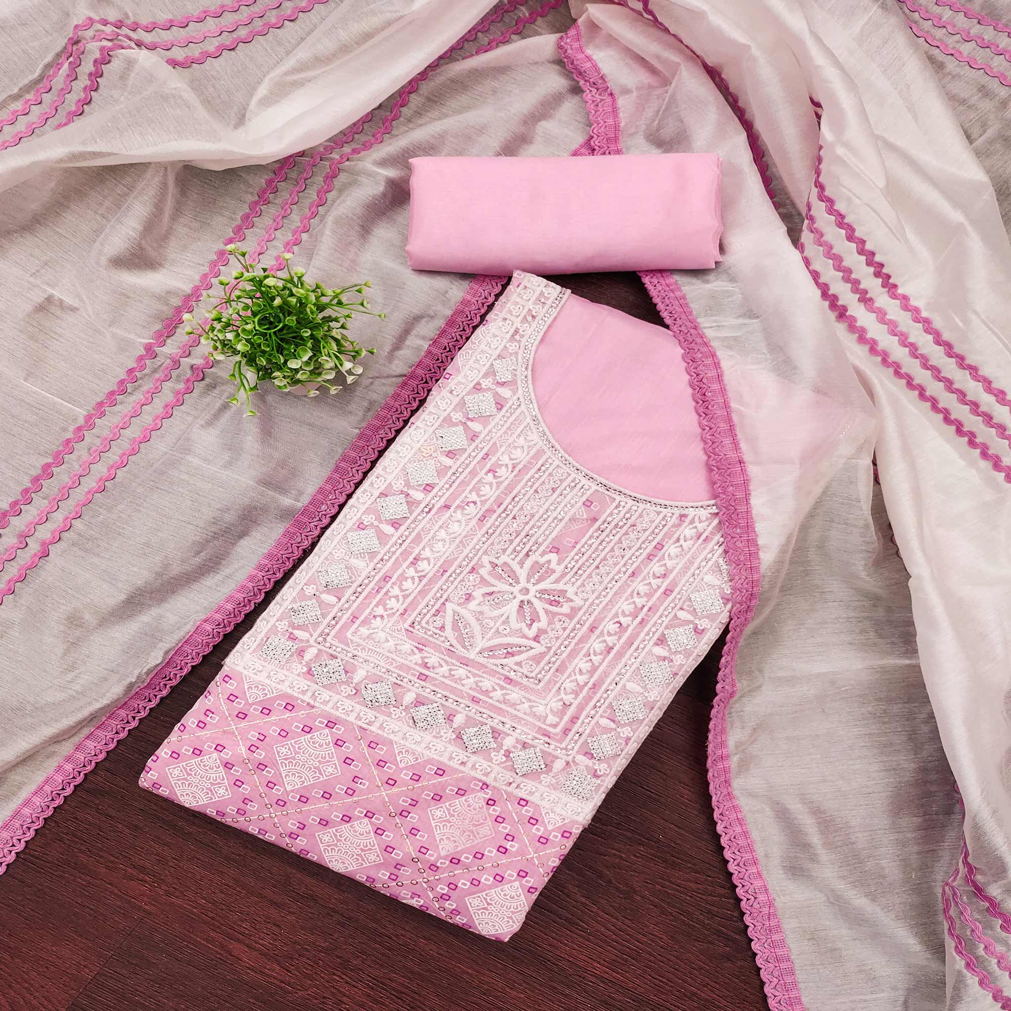 Pink Chanderi Silk Suit Fabric with Embroidered Highlights and Artistic Geometric Prints