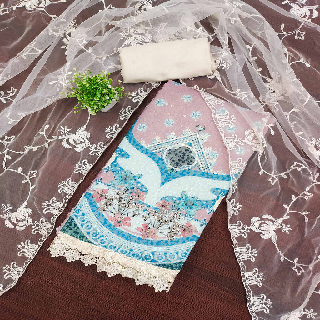 Cream & Dusty Pink Georgette Suit Fabric Adorned with Elegant and Delicate Schiffli Embroidery