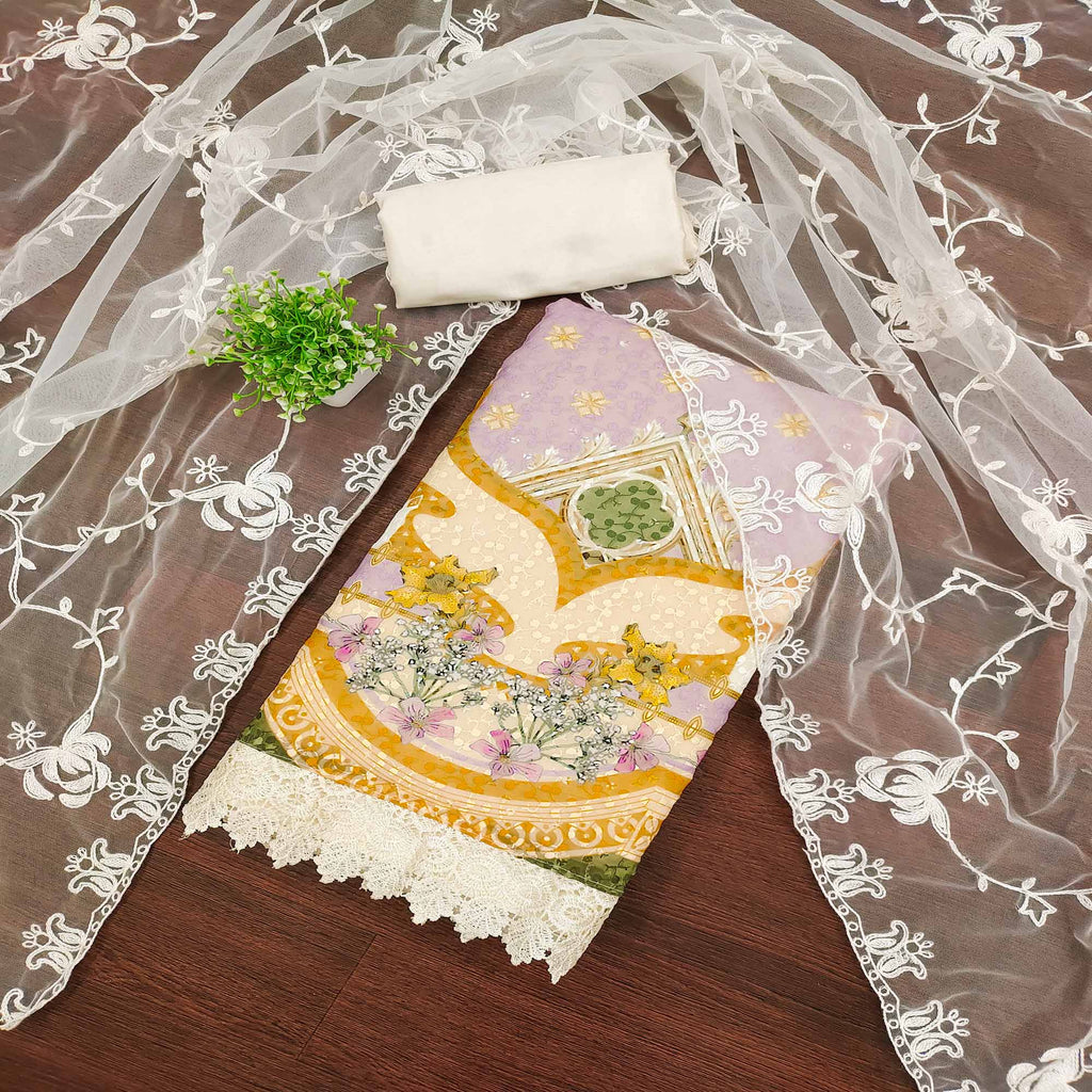 Cream & Lavender Georgette Suit Fabric Adorned with Elegant and Delicate Schiffli Embroidery