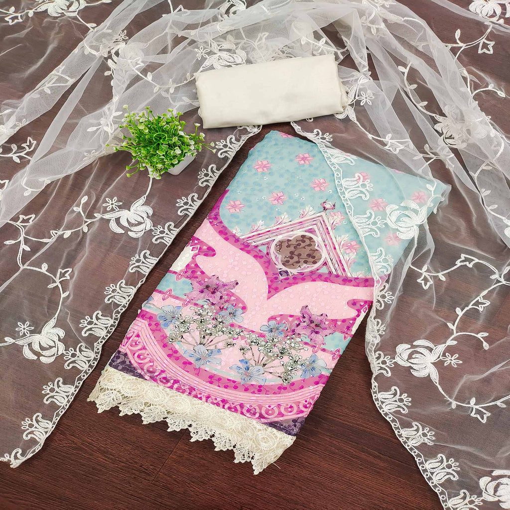 Cream & Sky Blue Georgette Suit Fabric Adorned with Elegant and Delicate Schiffli Embroidery