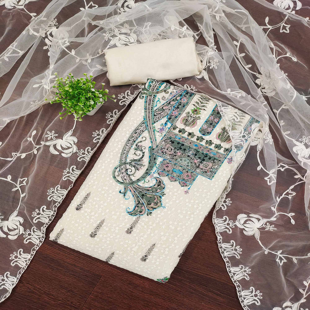 Cream & Blue Schiffli Embroidered Heavy Georgette Dress Material