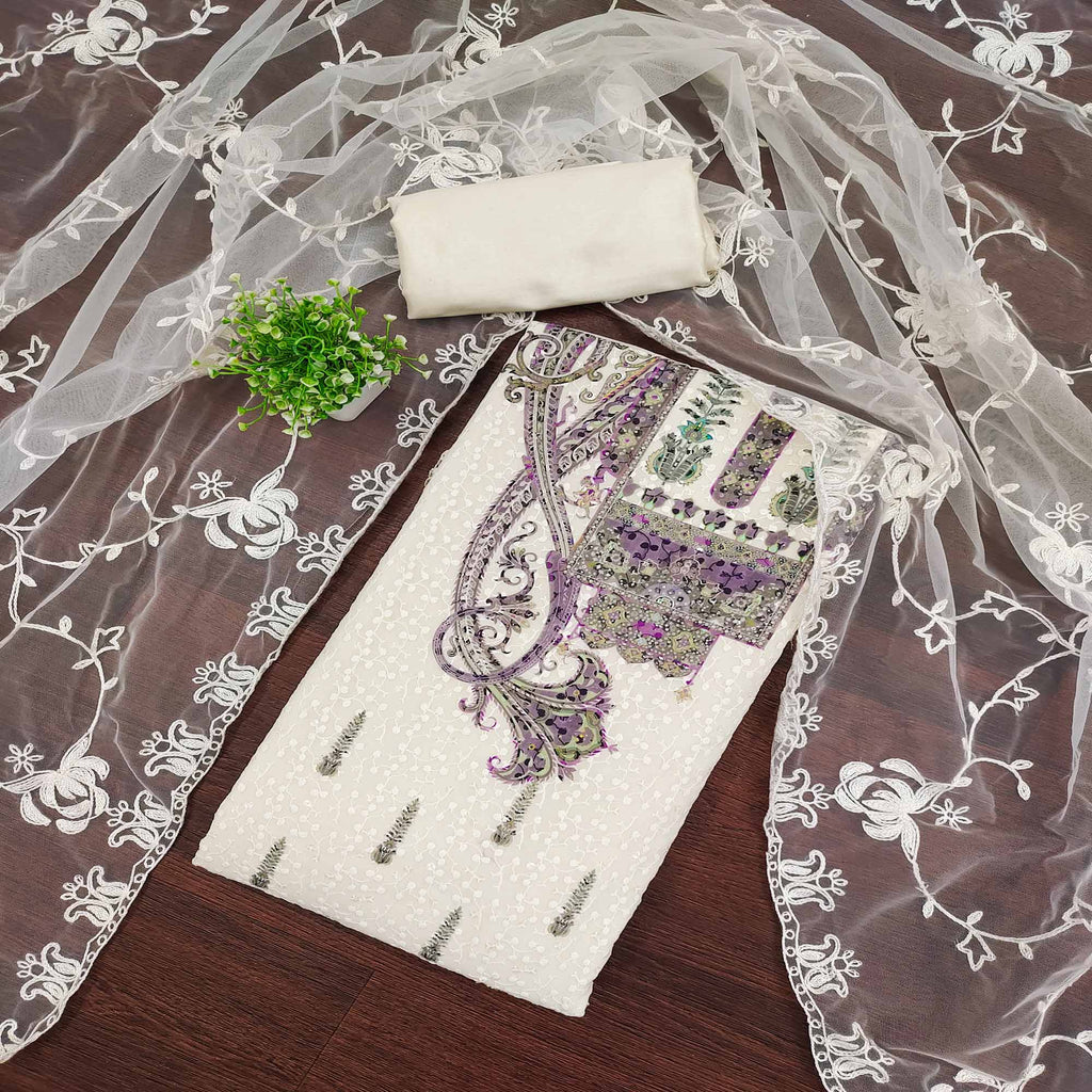 Cream & Purple Schiffli Embroidered Heavy Georgette Dress Material