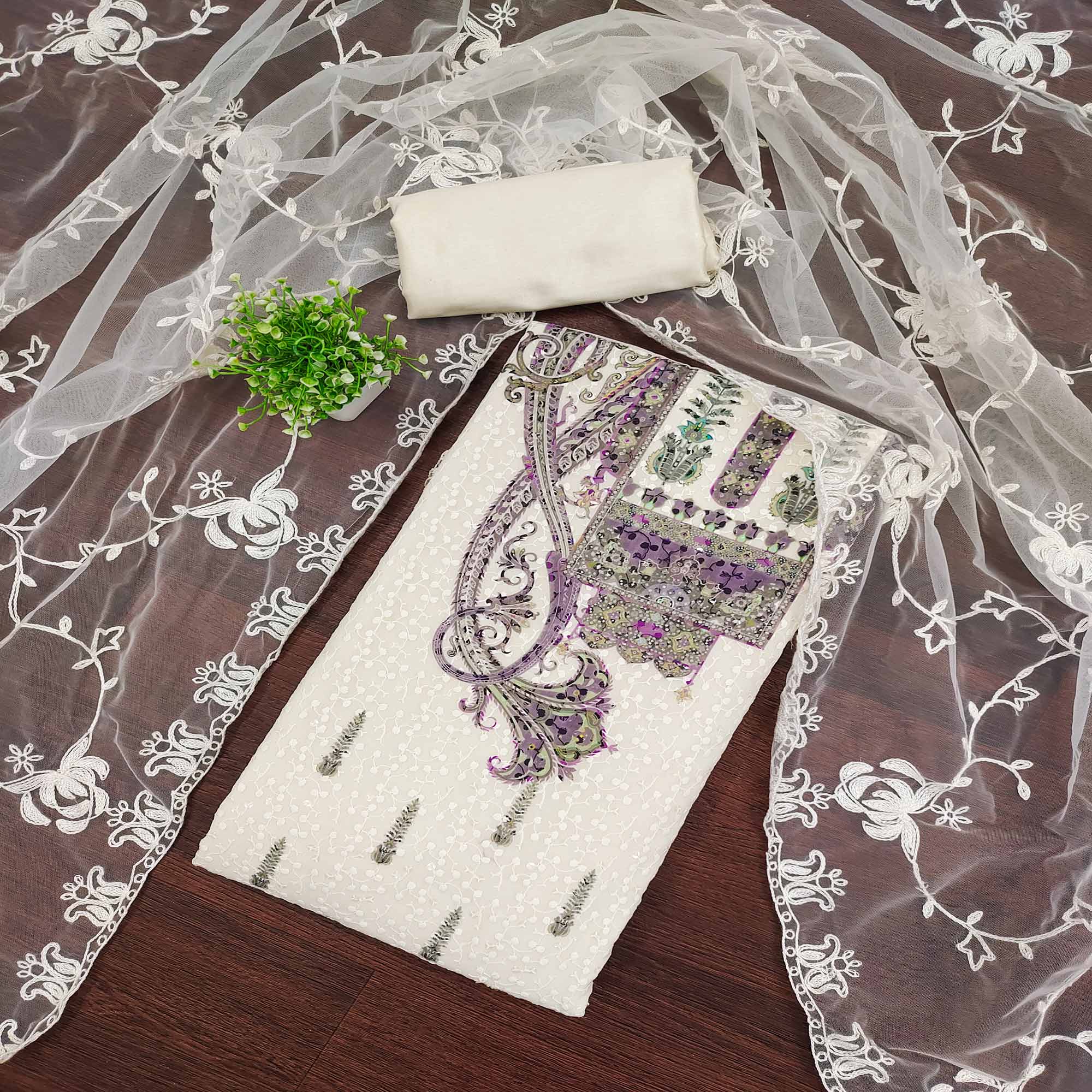 Cream & Purple Schiffli Embroidered Heavy Georgette Dress Material