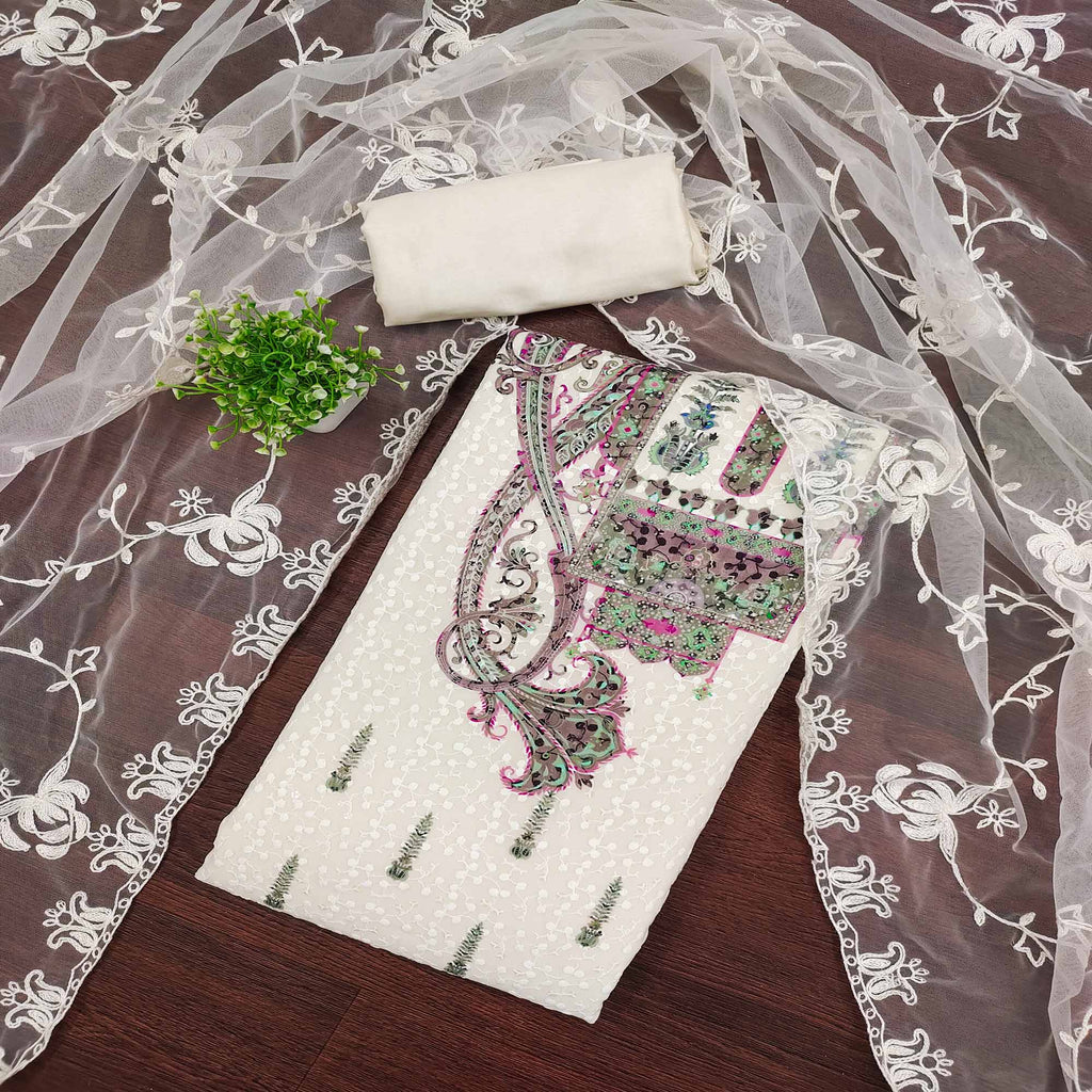 Cream & Wine Schiffli Embroidered Heavy Georgette Dress Material