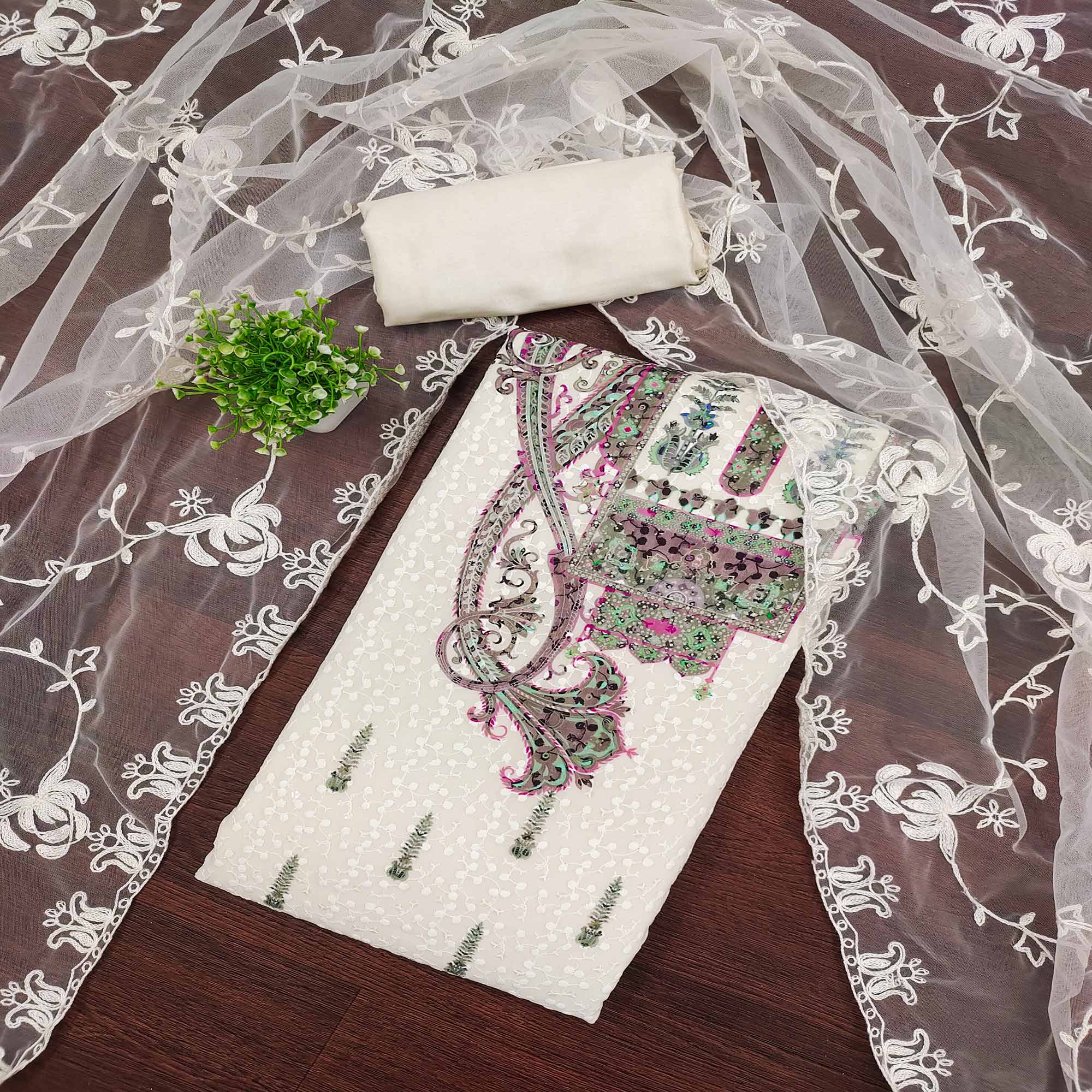 Cream & Wine Schiffli Embroidered Heavy Georgette Dress Material