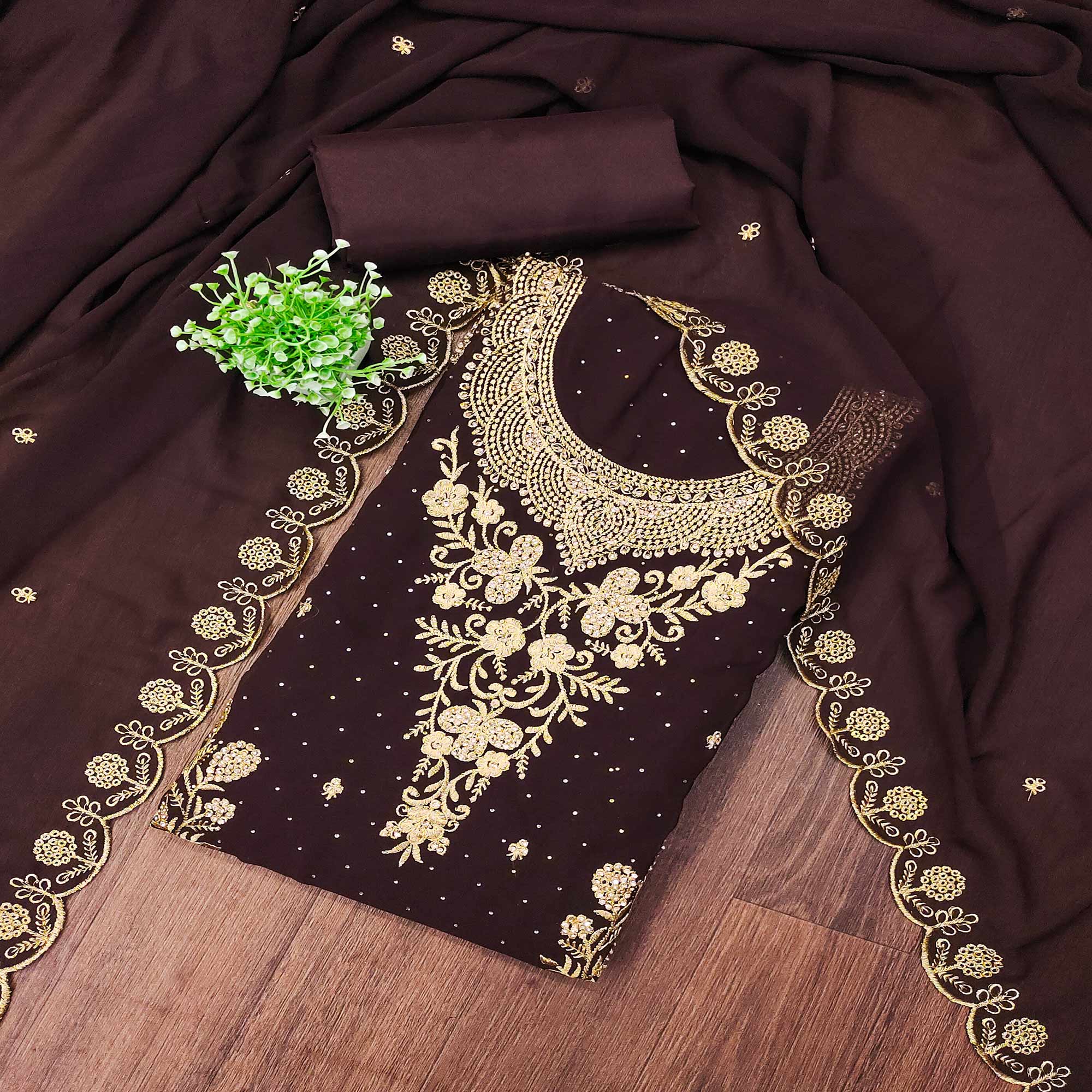 Dark Brown Georgette Dress Material With Intricate Thread And Stone Work Embroidery