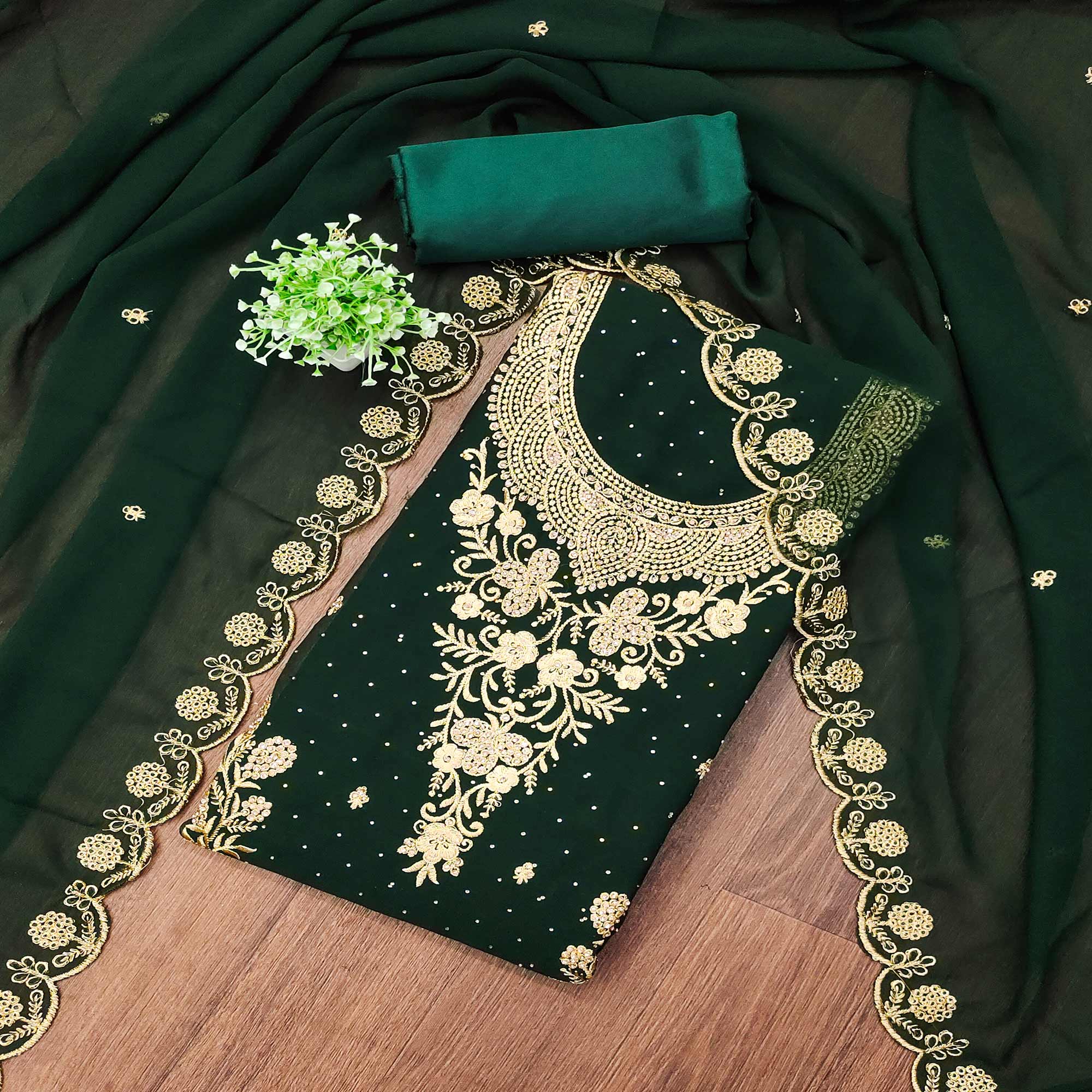Green Georgette Dress Material With Intricate Thread And Stone Work Embroidery