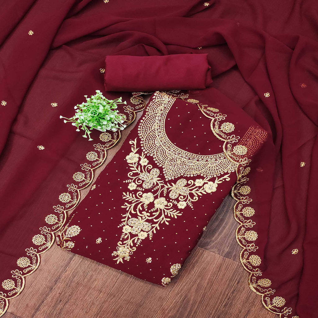 Maroon Georgette Dress Material With Intricate Thread And Stone Work Embroidery