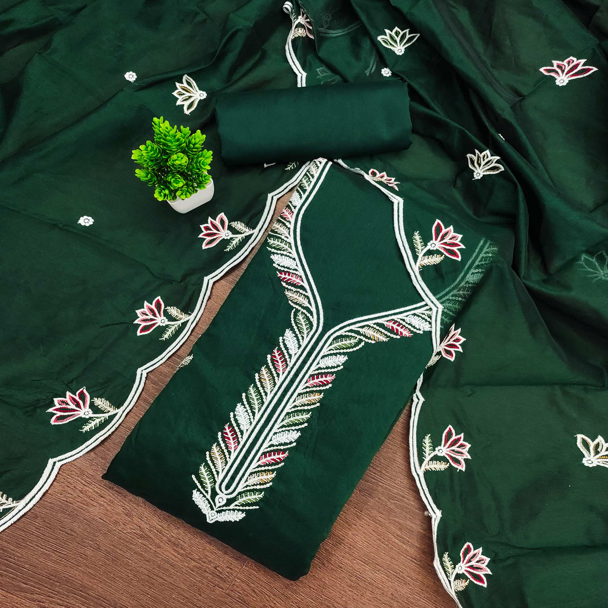 Elegant Green Chanderi Cotton Dress Material With Floral Thread Embroidery & Sequins Work