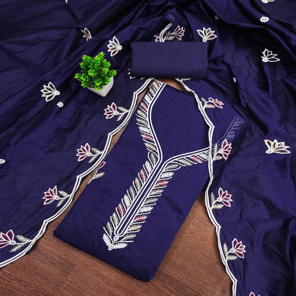 Graceful Navy Blue Chanderi Cotton Dress Material With Floral Thread Embroidery & Sequins Work