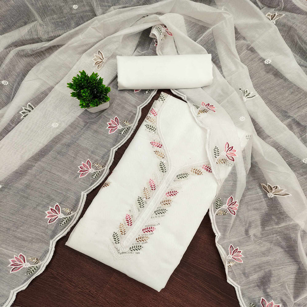 Ethereal White Chanderi Cotton Dress Material With Floral Thread Embroidery & Sequins Work