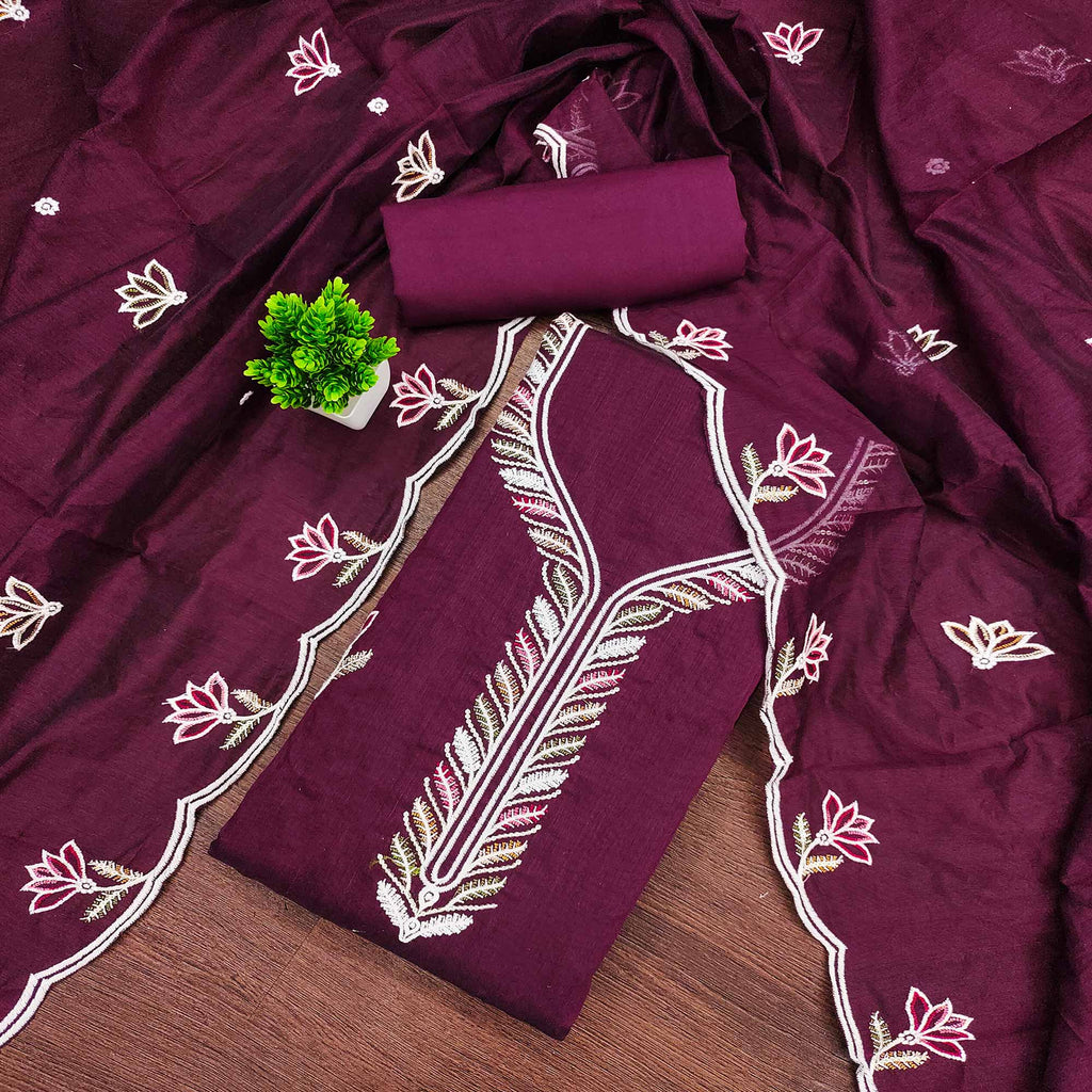 Luxurious Wine Chanderi Cotton Dress Material With Floral Thread Embroidery & Sequins Work