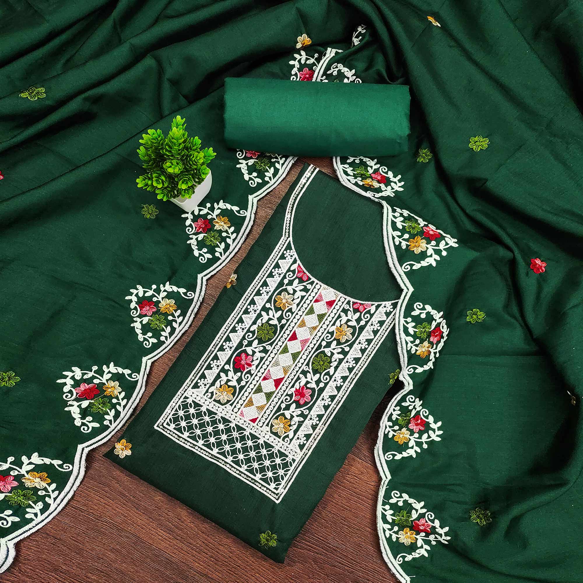 Enchanting Green Floral Sequin Embroidered Cotton Blend Dress Material