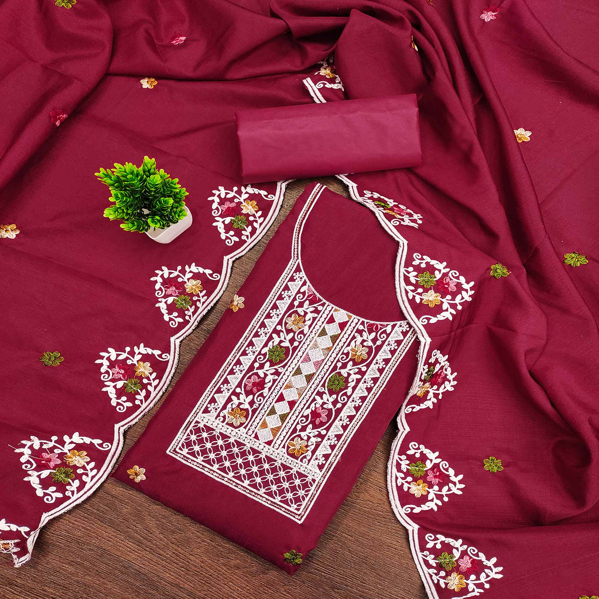 Charming Pink Floral Sequin Embroidered Cotton Blend Dress Material