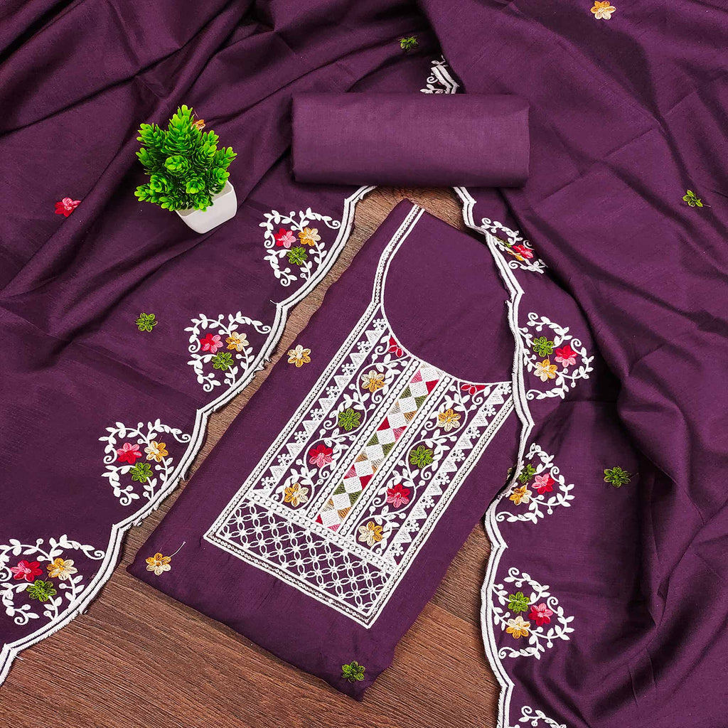 Luxurious Wine Floral Sequin Embroidered Cotton Blend Dress Material