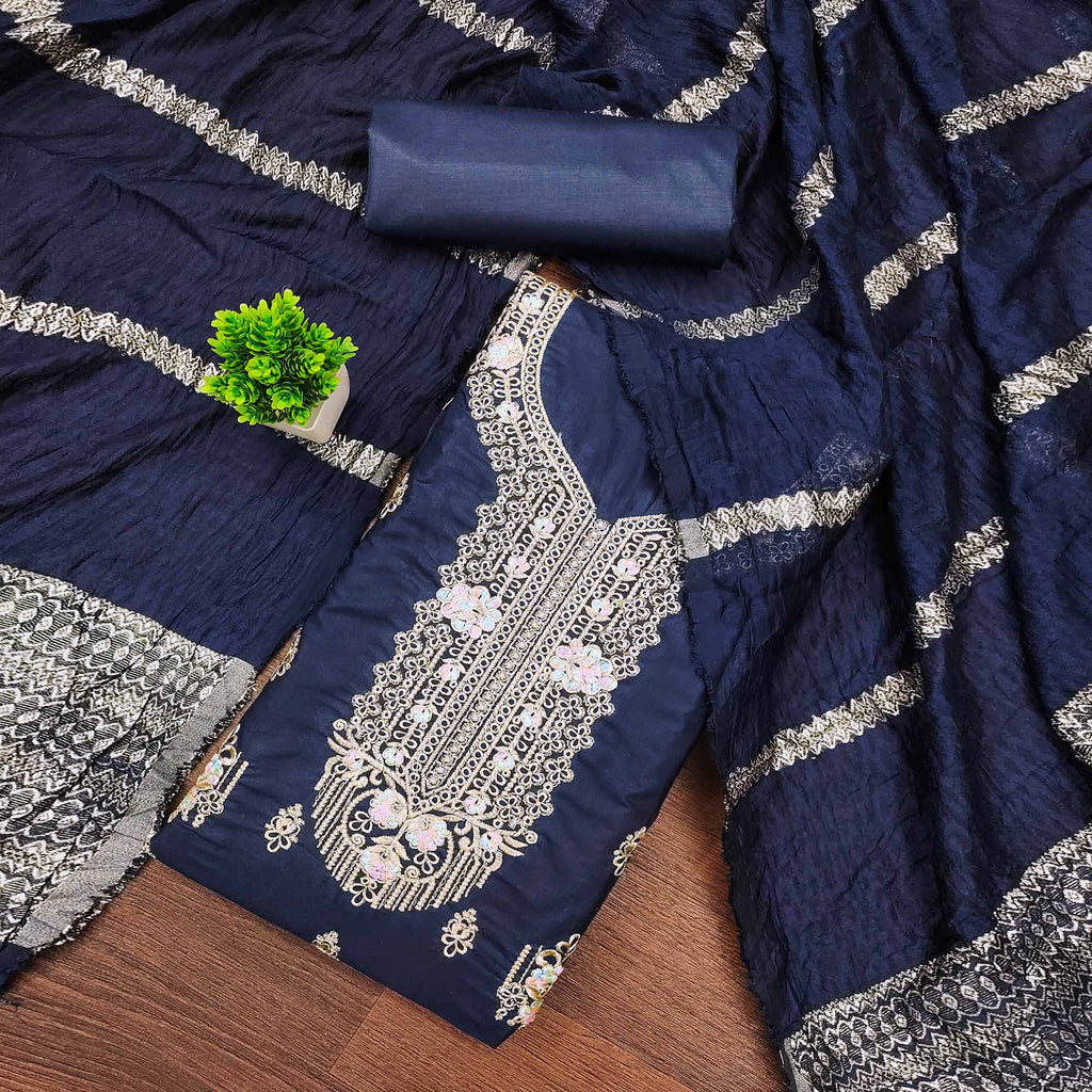 Blue Pure Cotton Dress Material with Elegant Embroidery