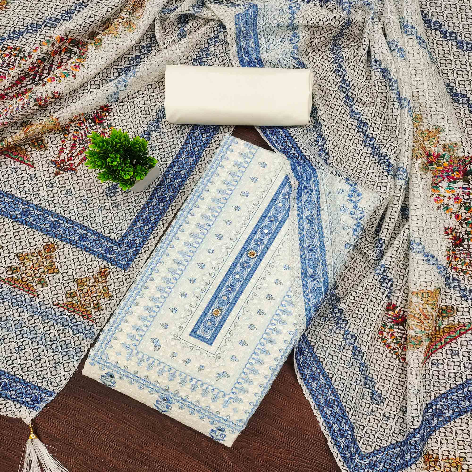 Off-White and Blue Unstitched Suit Material with Classic Schiffli Detailing