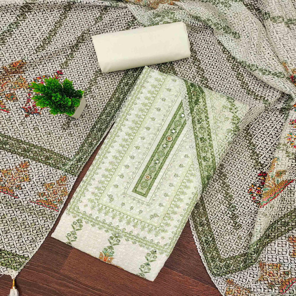 Off-White and Green Unstitched Suit Material with Classic Schiffli Detailing