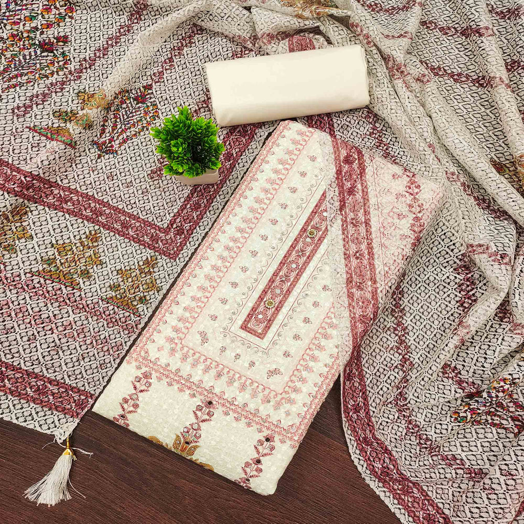 Off-White and Maroon Unstitched Suit Material with Classic Schiffli Detailing