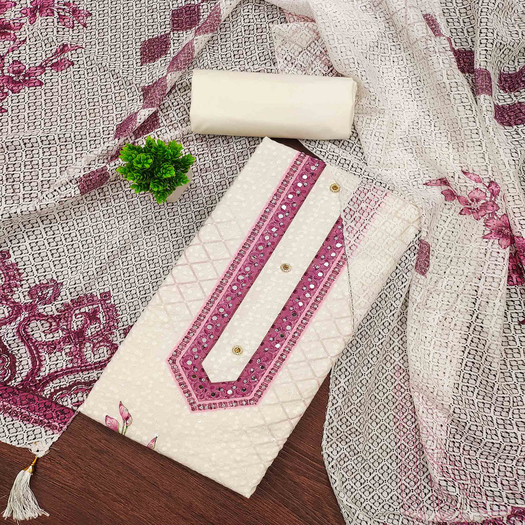 Off-White and Pink Unstitched Suit Material with Classic Schiffli Detailing