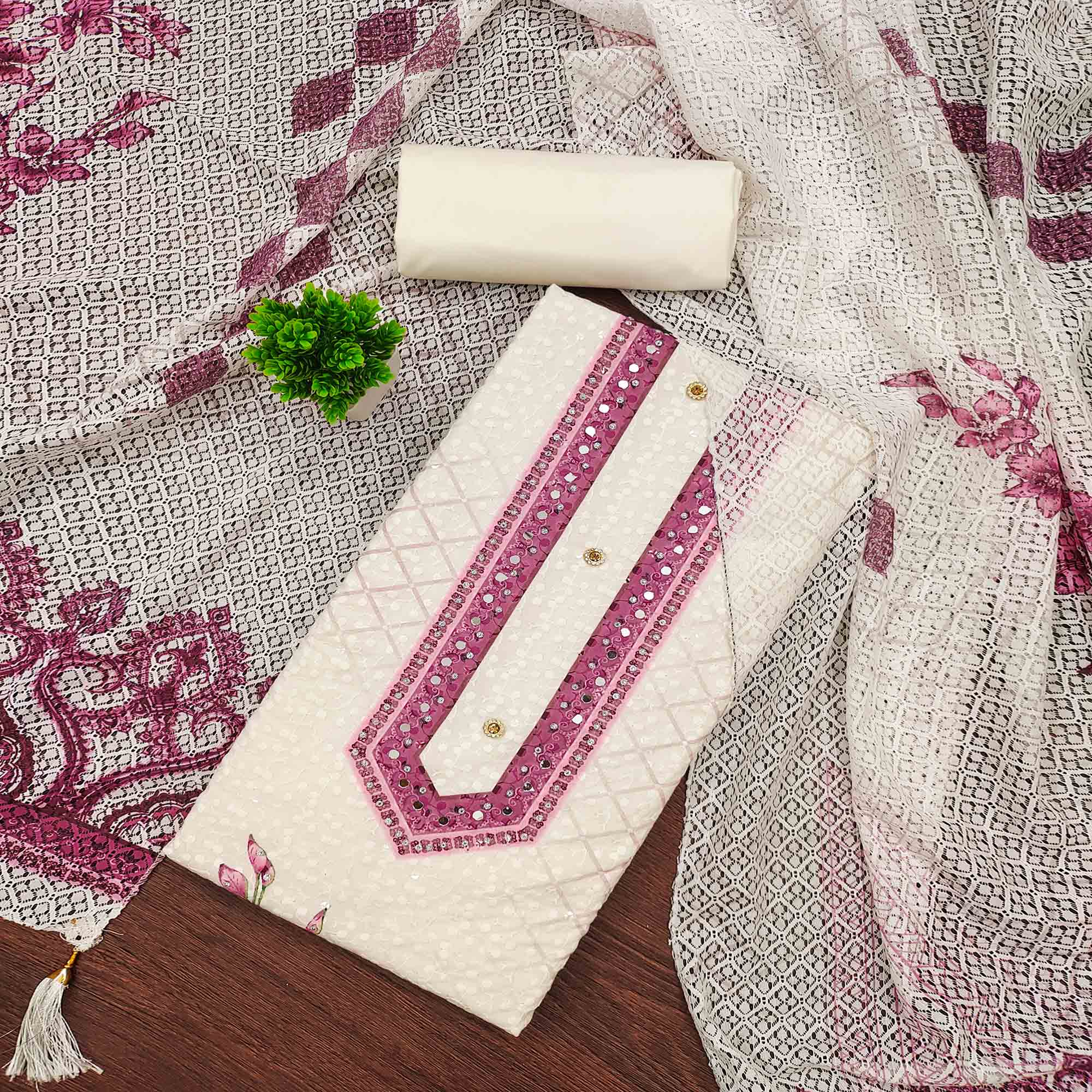 Off-White and Pink Unstitched Suit Material with Classic Schiffli Detailing