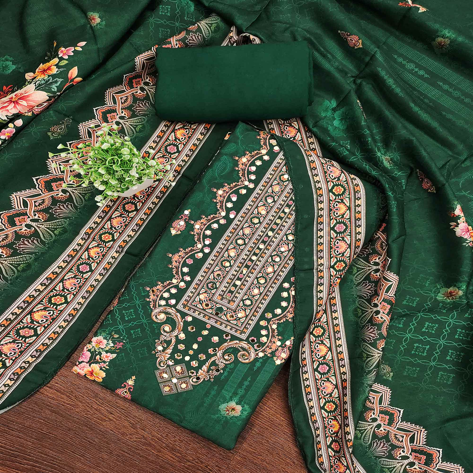 Green Muslin Suit Fabric Featuring Floral Print & Stone Highlights