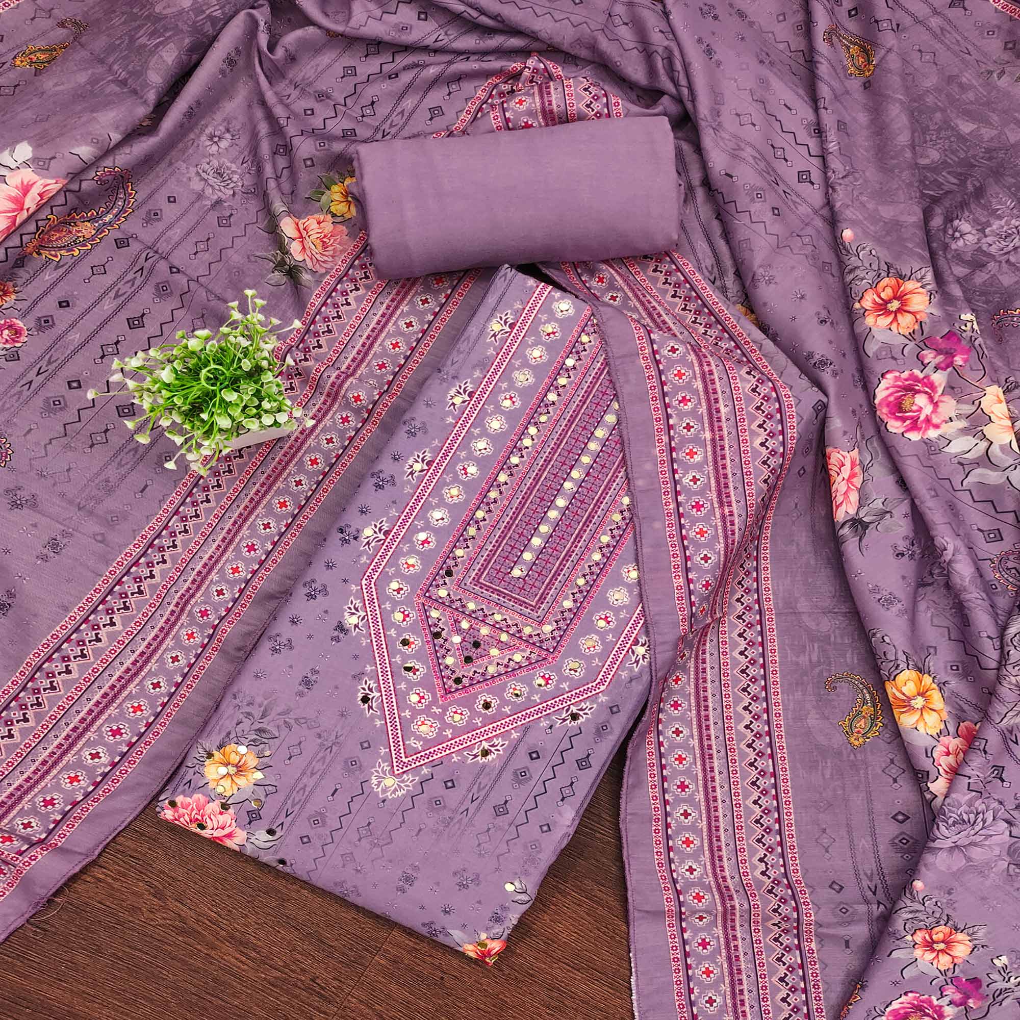 Lavender Dress Material in Muslin with Delicate Mirror Highlights