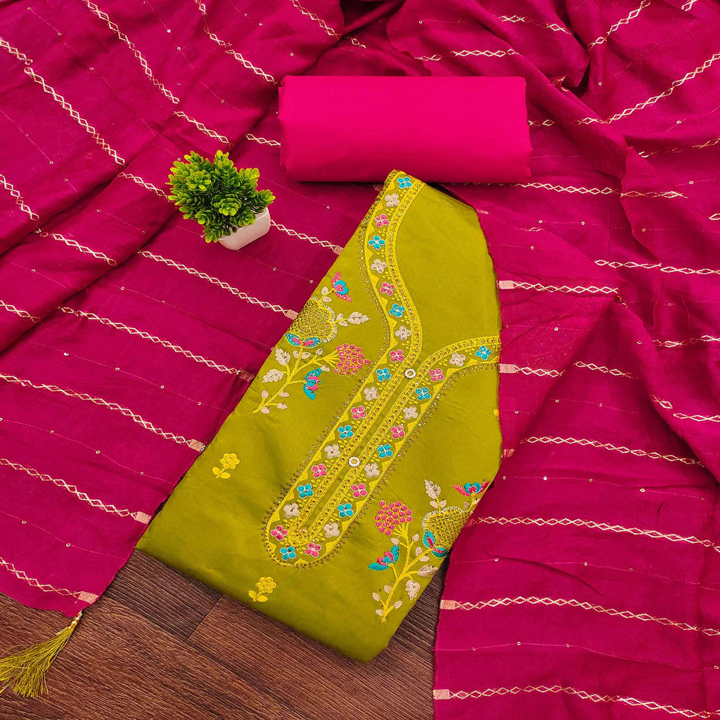 Elegant Mustard Floral Embroidered Cotton Dress Fabric for Custom Stitching