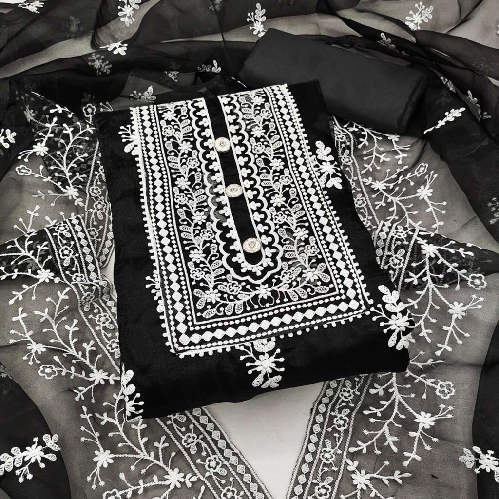 Black Floral Embroidered Organza Dress Material