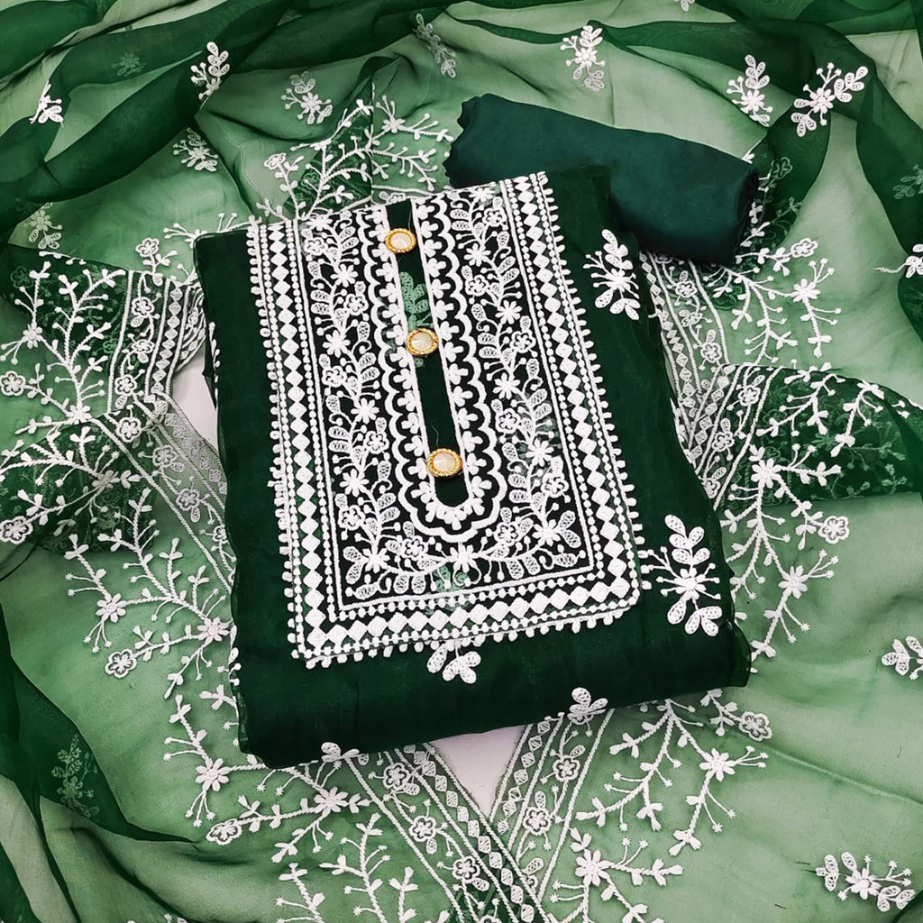 Green Floral Embroidered Organza Dress Material