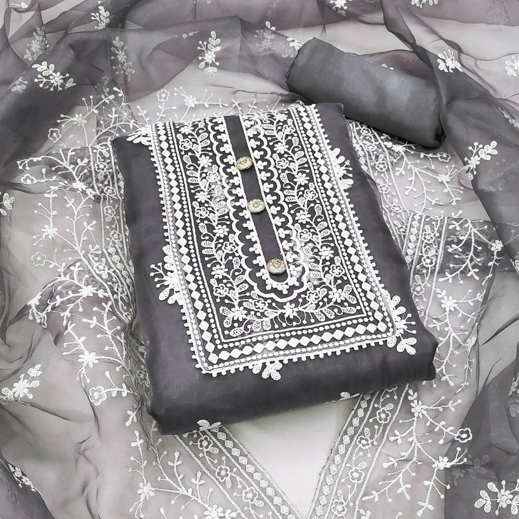 Grey Floral Embroidered Organza Dress Material