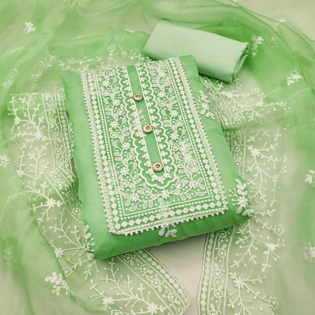 Light Green Floral Embroidered Organza Dress Material