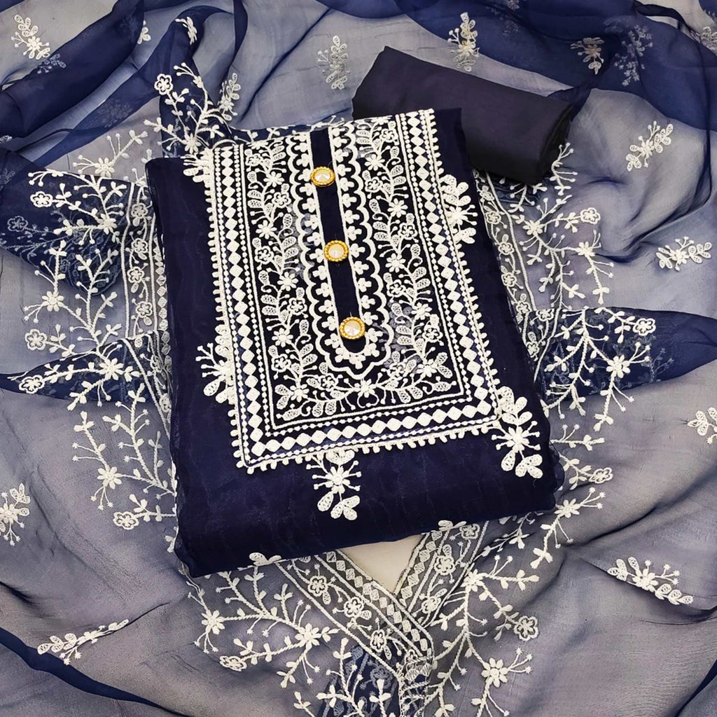 Navy Blue Floral Embroidered Organza Dress Material
