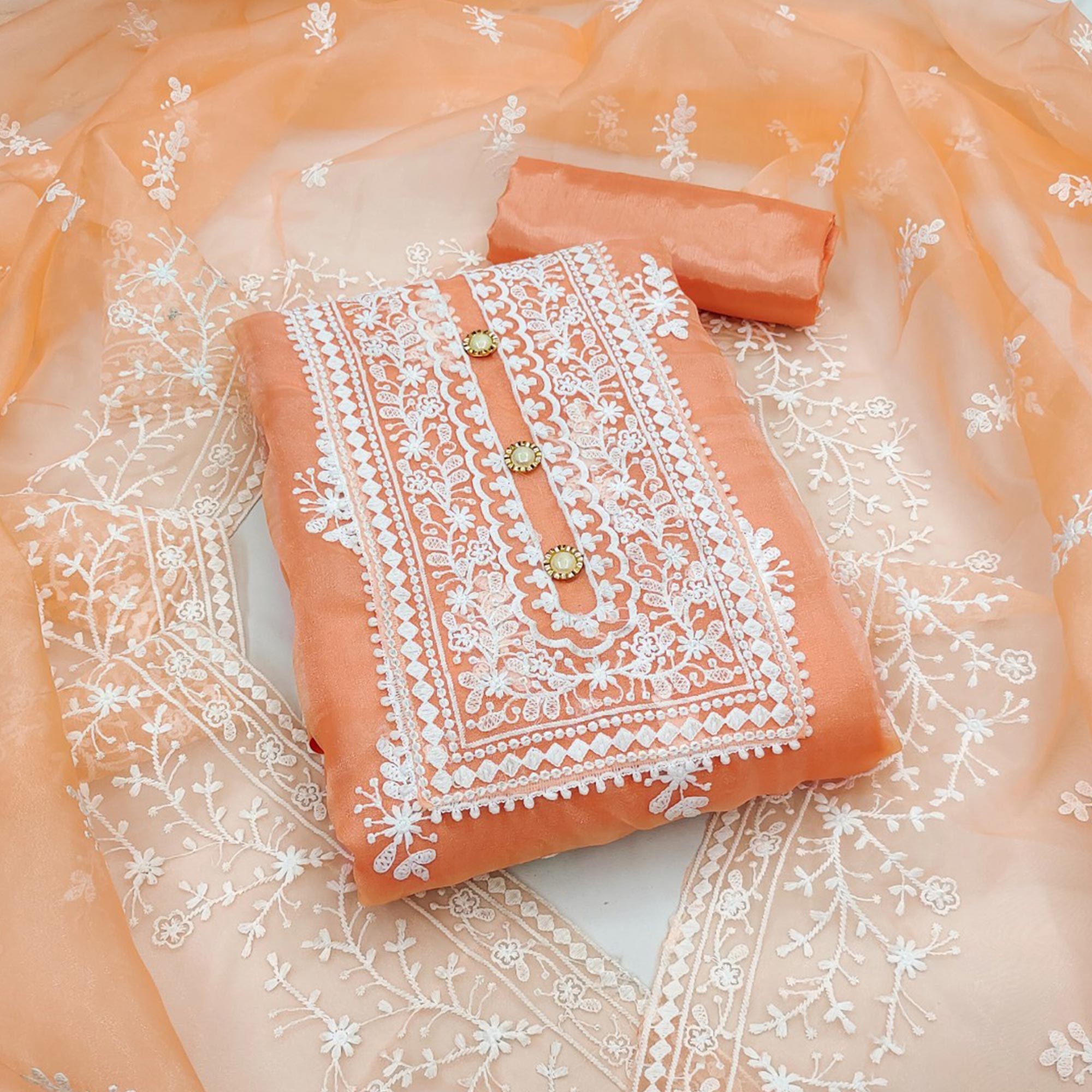 Orange Floral Embroidered Organza Dress Material