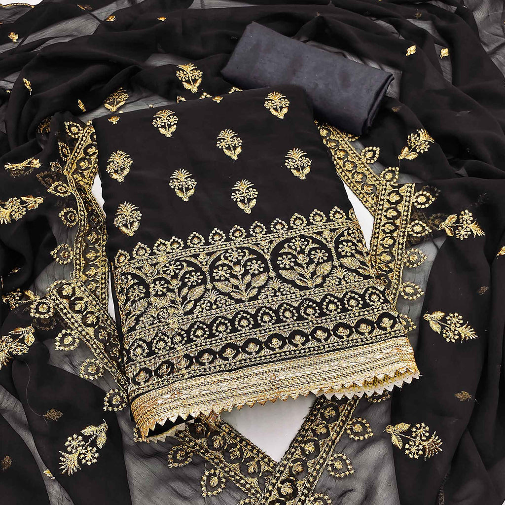 Black Floral Embroidered Georgette Dress Material