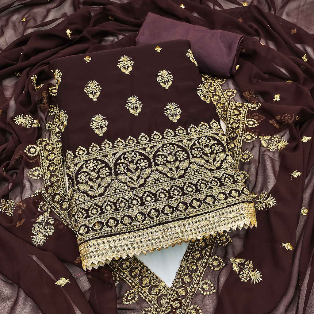 Brown Floral Embroidered Georgette Dress Material