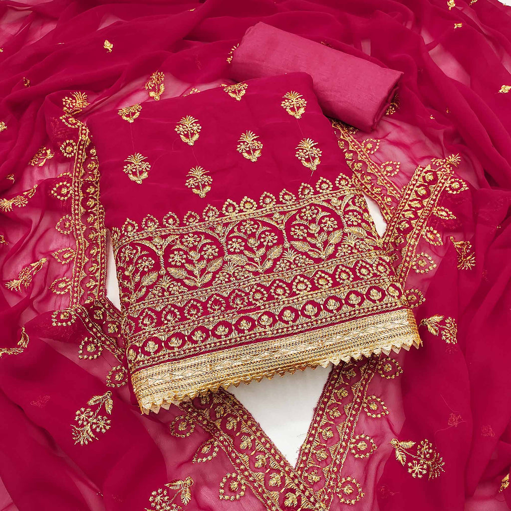 Pink Floral Embroidered Georgette Dress Material